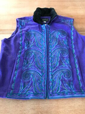 Bob Mackie Fleece Vest Women XL Purple Floral Tribal Full Zip Pocket Embroidered